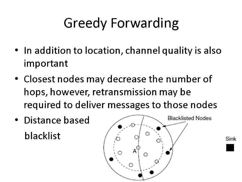 Greedy Forwarding In addition to location, channel quality is also important Closest nodes may